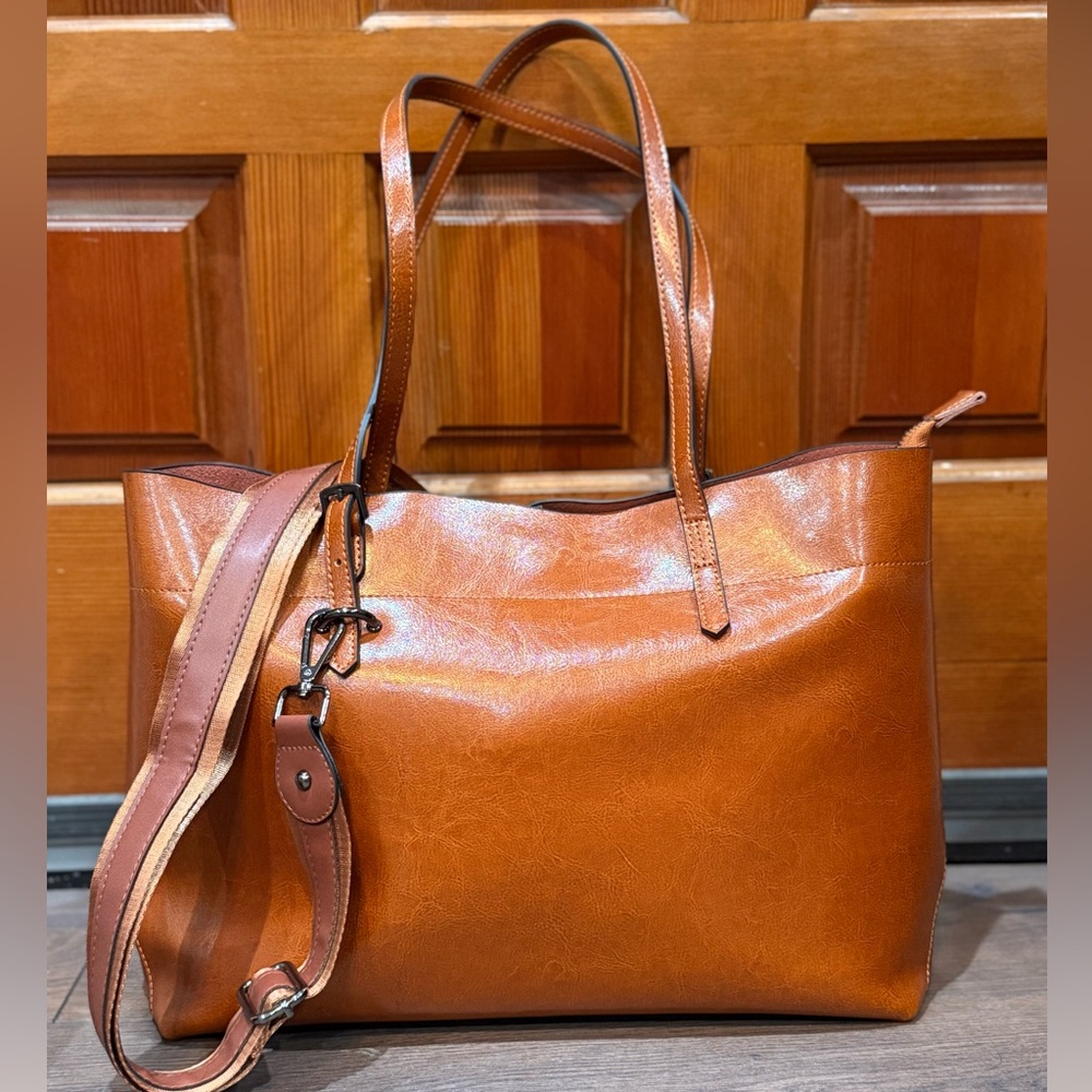 Kattee Women's Tan Leather Tote Bag with Adjustable Shoulder Straps
